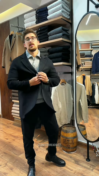 Zip-Up Knit Sweater 🧥🪞 – Soft Grey Layer with Black Pants Styling in Store Visual