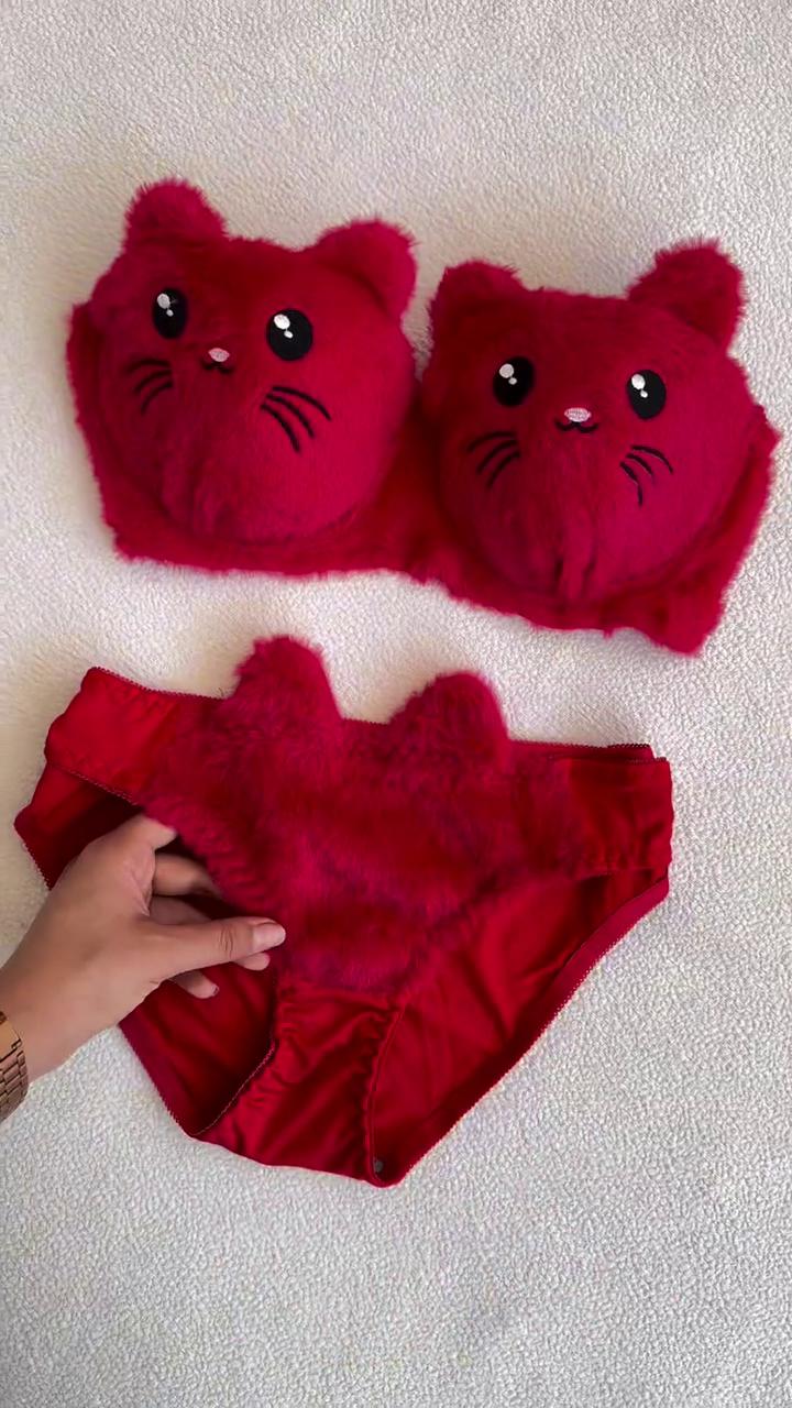 Furry Cat-Face Bras 🐱💗 – Plush Lingerie Tops in Pink, White & Red Variants with Embroidered Details