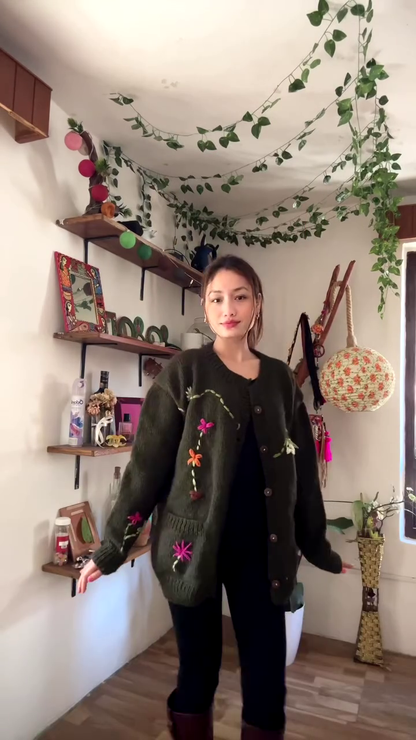 Floral Embroidered Knit Cardigan 🌿🧥 – Dark Green Layer Styled with Black Pants & Brown Boots