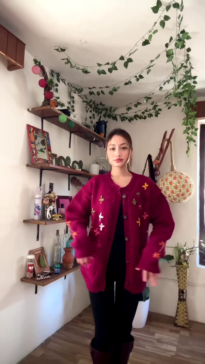 Floral Embroidered Knit Cardigan 🌿🧥 – Dark Green Layer Styled with Black Pants & Brown Boots