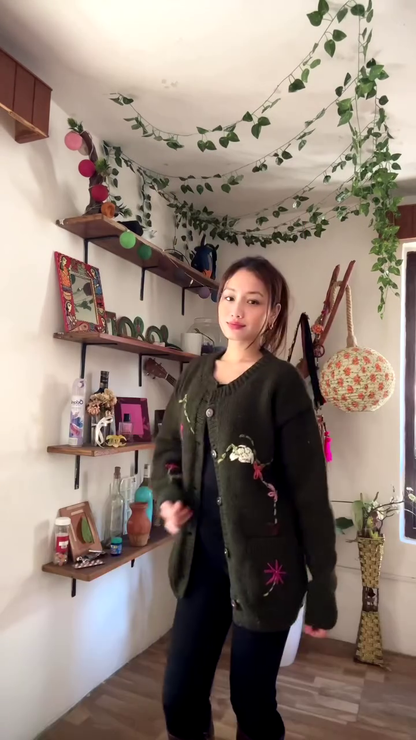 Floral Embroidered Knit Cardigan 🌿🧥 – Dark Green Layer Styled with Black Pants & Brown Boots