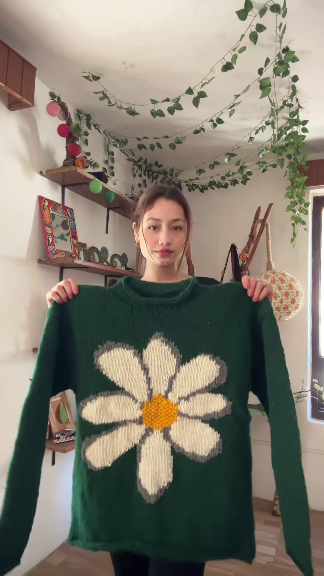 Green Floral Knit Sweater 🌼🧥 – Oversized White Flower Design Styled with Blue Jeans