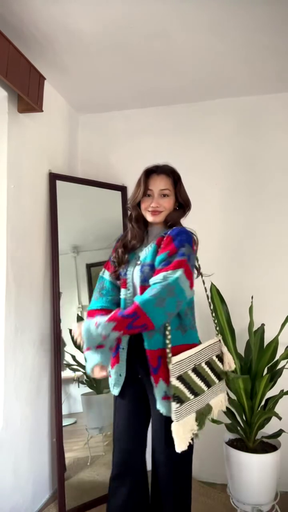 Multicolor Patterned Cardigan 🧥🍂 – Bold Knit Layer in Blue, Red & Teal with Seasonal Styling