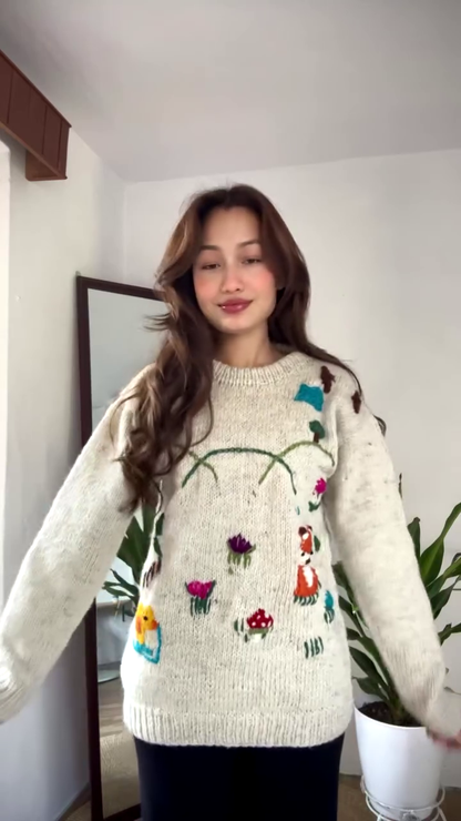 Whimsical Nature-Embroidered Knit Sweater 🌞🦊🌼 – Beige Base with Colorful Storybook Detailing