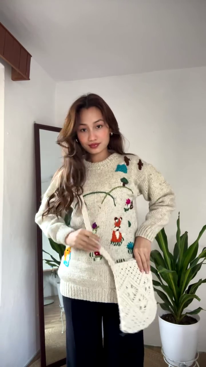 Whimsical Nature-Embroidered Knit Sweater 🌞🦊🌼 – Beige Base with Colorful Storybook Detailing