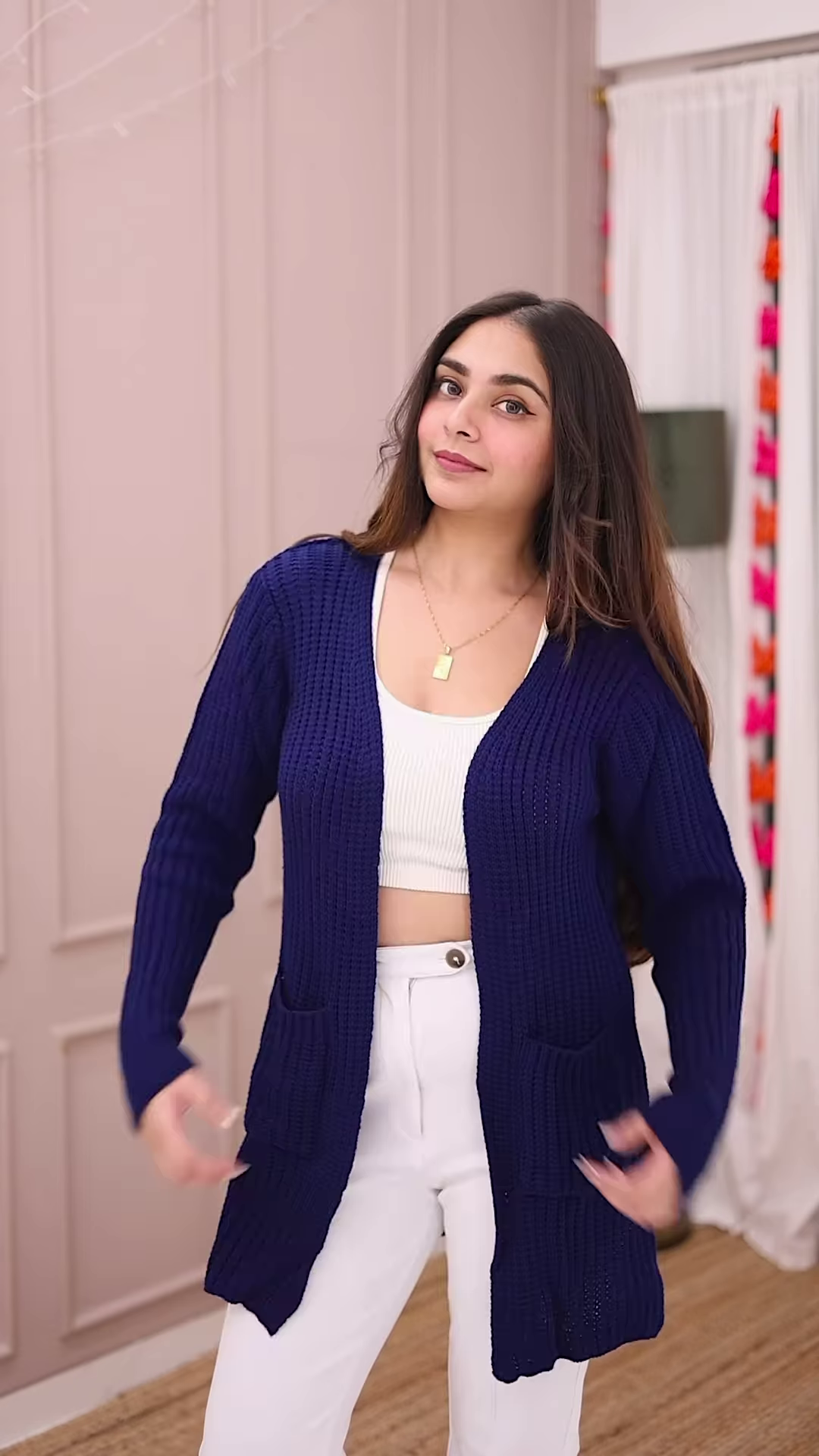 Blue-Toned Knitwear Trio 🧥💙 – Striped Sweater, Navy Cardigan & Cable-Knit Co-Ord Set