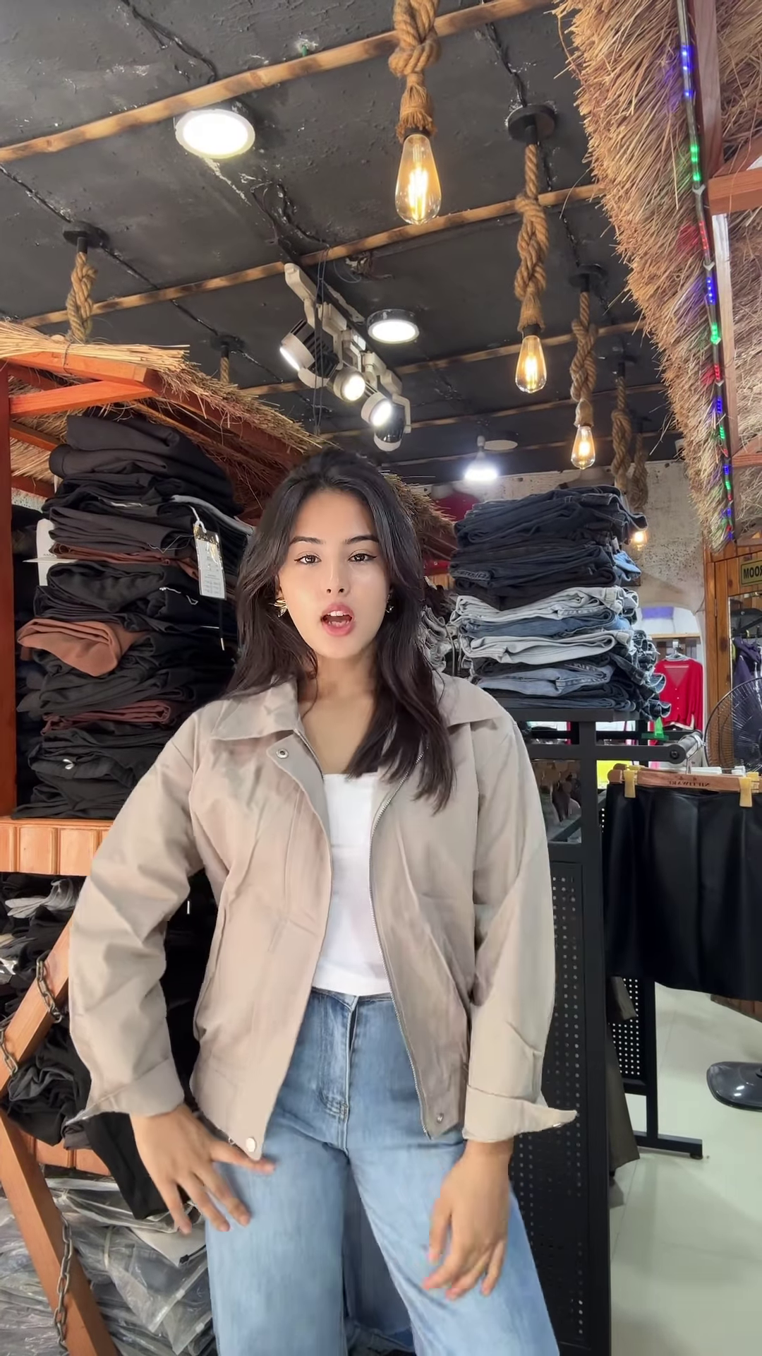 Women’s Zip-Up Casual Jackets 🧥🛍 – Black, Beige & Light Beige Variants Styled in Store Setting