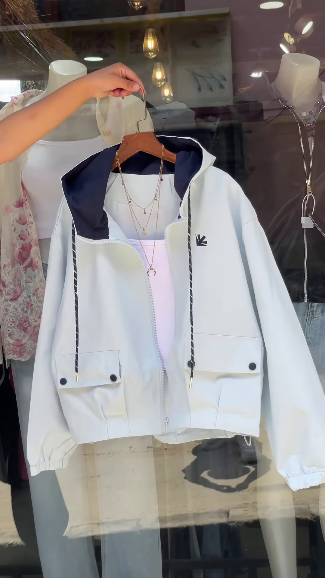 Contrast-Hood Zip-Up Jackets 🧥🎨 – Navy, Red & White Variants with Layered Styling