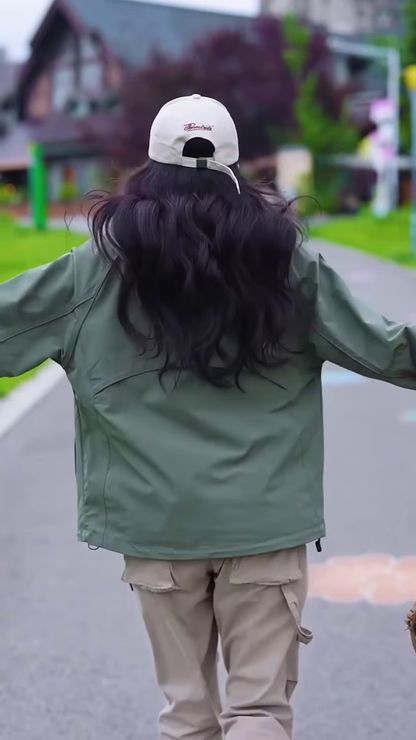 Green Zip-Up Casual Jacket 🧥🌳 – Styled with White Tee & Beige Cargo Pants in Outdoor Setting