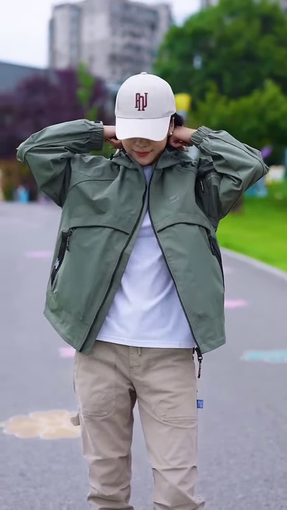 Green Zip-Up Casual Jacket 🧥🌳 – Styled with White Tee & Beige Cargo Pants in Outdoor Setting