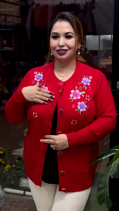 Floral Embroidered Button-Up Cardigans 🌸🧥 – Available in 10 Vibrant Colors with Pocket & Textured Detailing