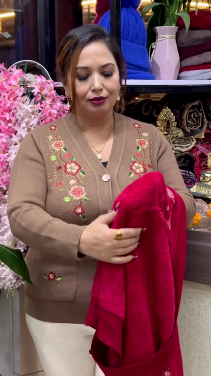 Floral Embroidered Knit Cardigans 🌸🧥 – Beige, Maroon & Purple Variants with Button-Up Front & Pocket Detailing