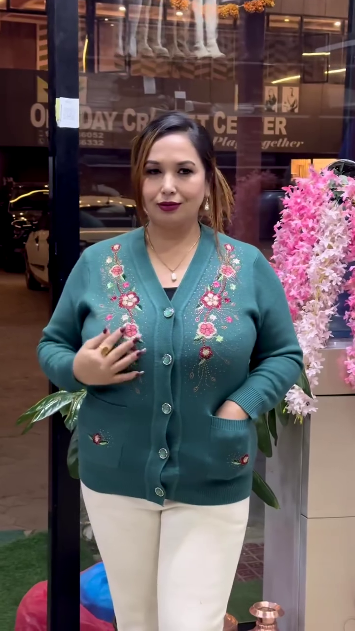 Floral Embroidered Knit Cardigans 🌸🧥 – Beige, Maroon & Purple Variants with Button-Up Front & Pocket Detailing