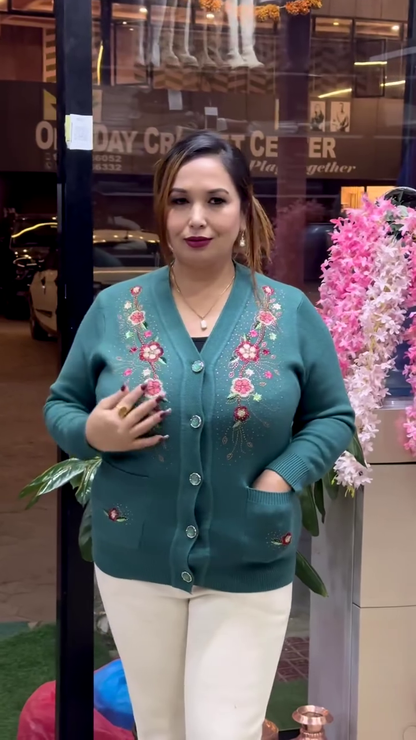 Floral Embroidered Knit Cardigans 🌸🧥 – Beige, Maroon & Purple Variants with Button-Up Front & Pocket Detailing