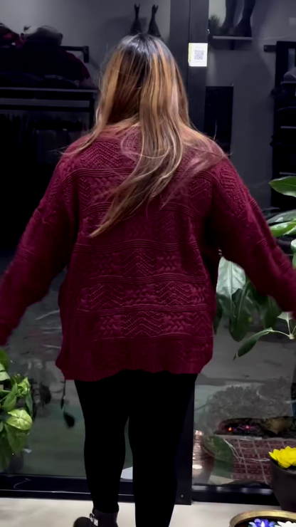 Textured Knit Sweaters 🧶🧥 – White, Maroon & Black Variants with Raised Pattern Detailing