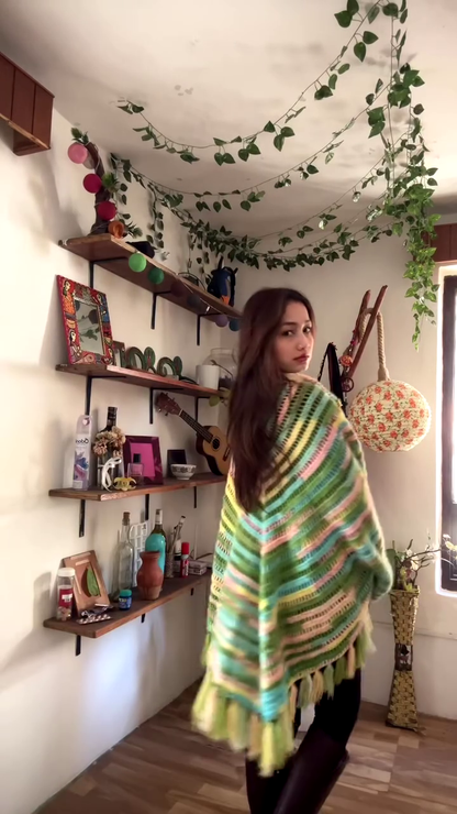 Multicolor Crocheted Shawl with Fringe Detailing 🧶🌈 – Boho Knit Layer Styled Over Black Top