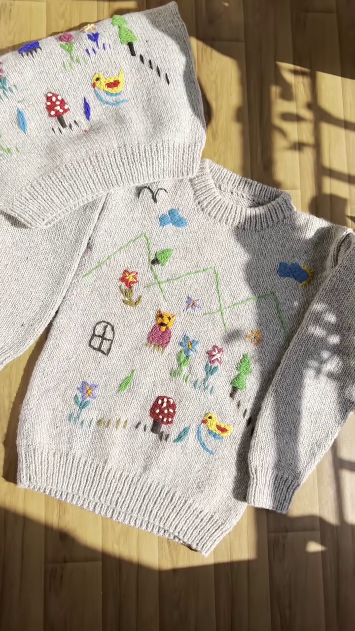 Whimsical Nature-Embroidered Knit Sweaters 🐥🍄🌼 – Light Gray Base with Playful Storybook Detailing
