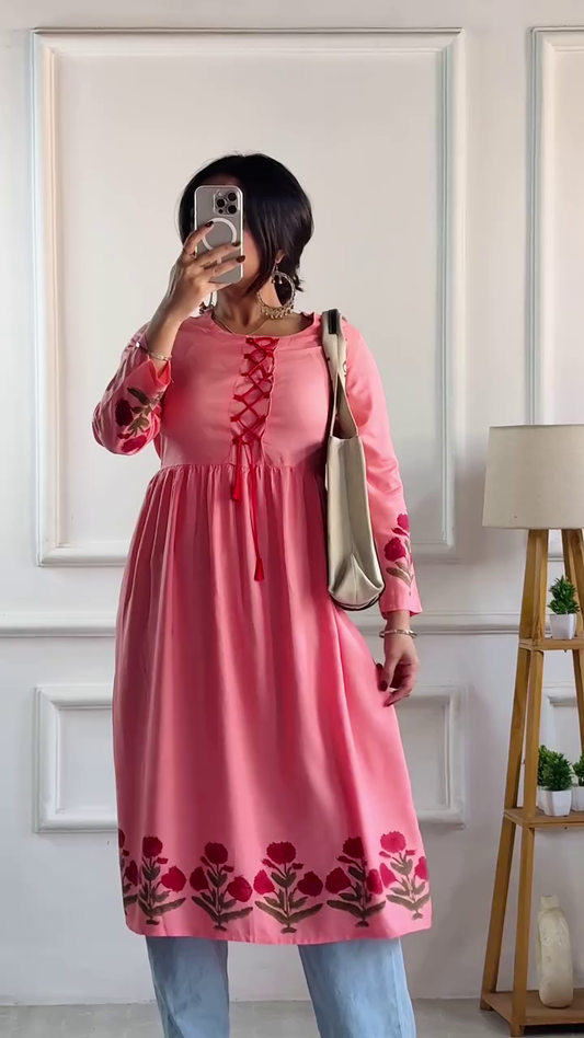 Blush Pink Floral Embroidered A-Line Kurti – Chic & Comfortable Ethnic Wear