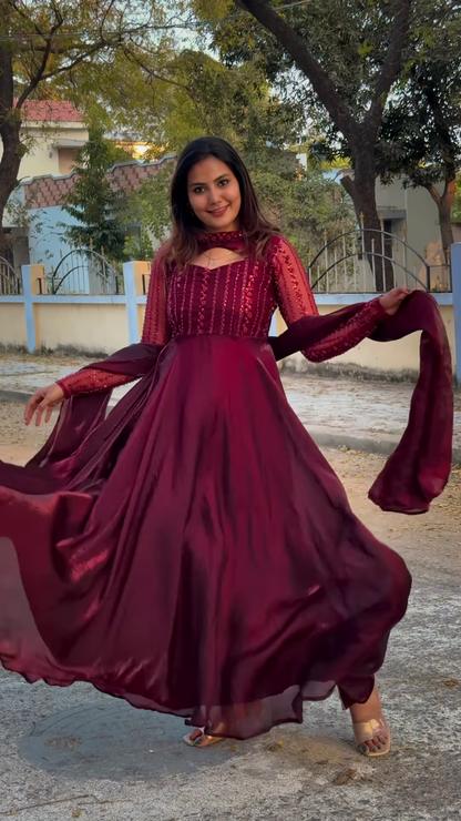 Elegant Wine-Colored Anarkali Gown with Sequined Sleeves & Dupatta