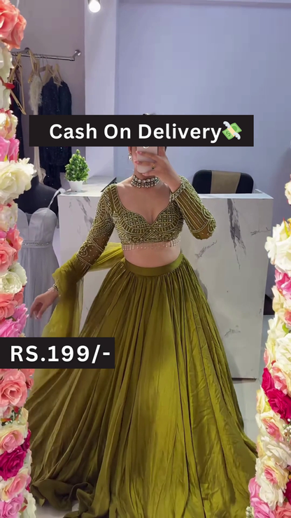 Olive Green Embroidered Lehenga Choli Set with Sheer Dupatta – A Perfect Fusion of Tradition and Elegance for Festive Glamour