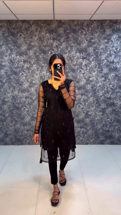 Elegant Black Sheer Embellished Kurti with Matching Leggings
