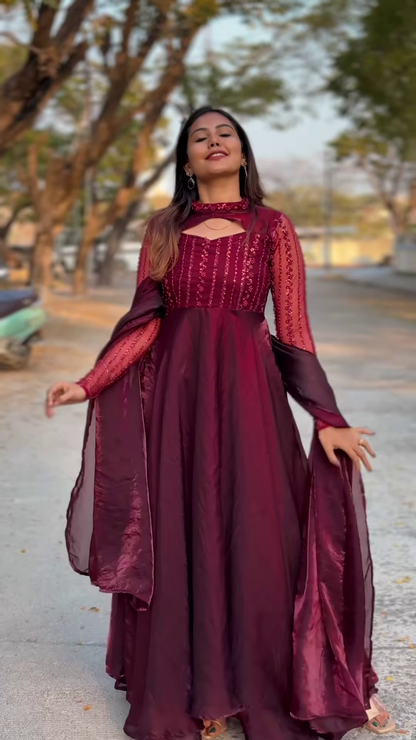 Elegant Wine-Colored Anarkali Gown with Sequined Sleeves & Dupatta