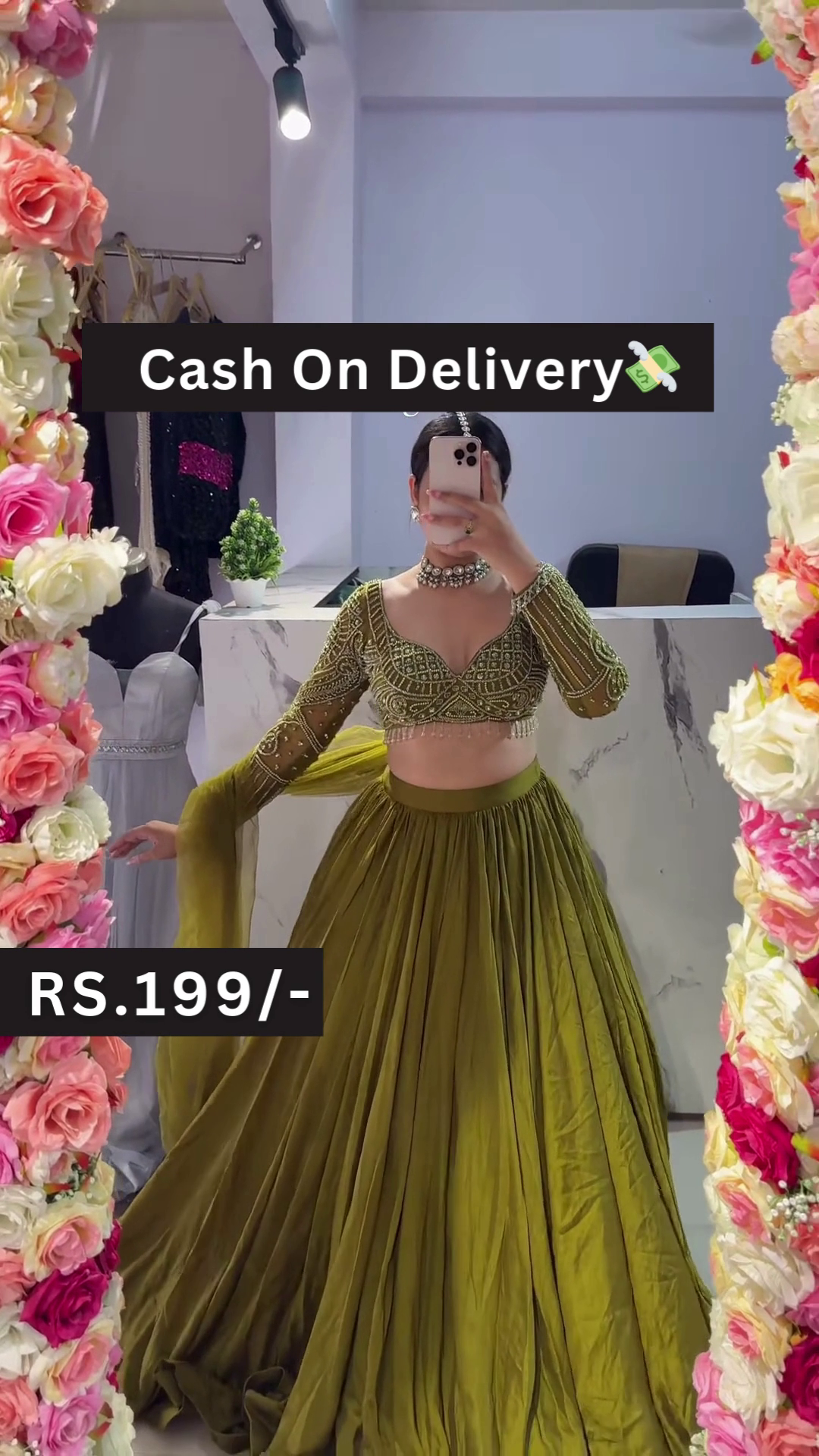 Olive Green Embroidered Lehenga Choli Set with Sheer Dupatta – A Perfect Fusion of Tradition and Elegance for Festive Glamour