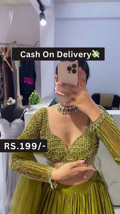 Olive Green Embroidered Lehenga Choli Set with Sheer Dupatta – A Perfect Fusion of Tradition and Elegance for Festive Glamour