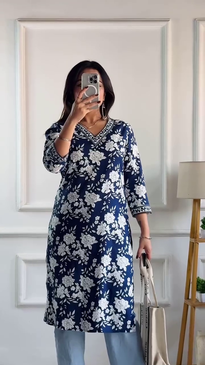 Blush Pink Floral Embroidered A-Line Kurti – Chic & Comfortable Ethnic Wear