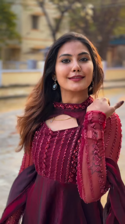 Elegant Wine-Colored Anarkali Gown with Sequined Sleeves & Dupatta