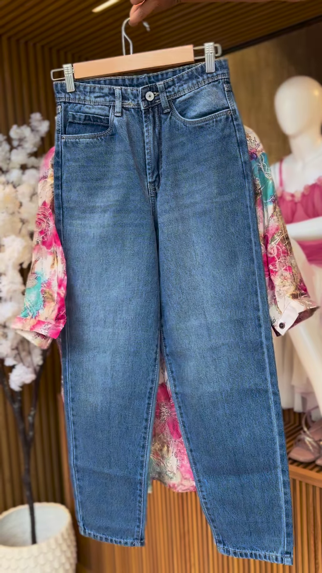 Multicolor Tropical Floral Shirt with White Tank & Blue Denim Shorts