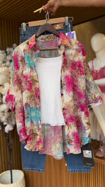 Multicolor Tropical Floral Shirt with White Tank & Blue Denim Shorts