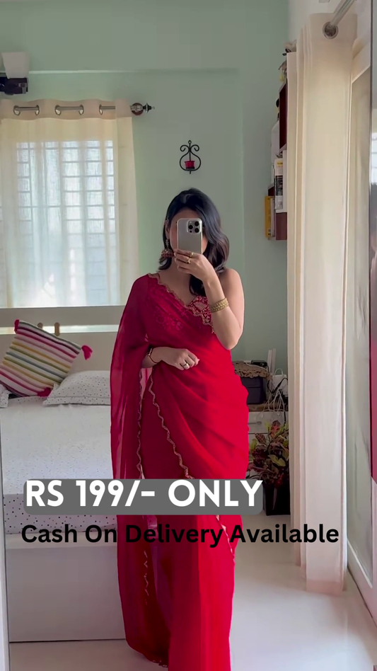 Elegant Red/Yellow/Green Embroidered Saree – Timeless Grace