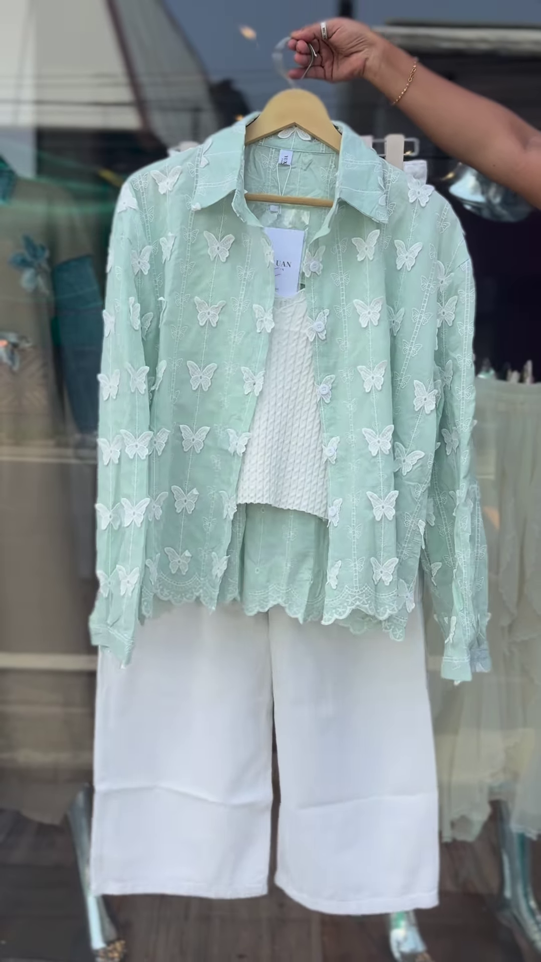 Light Green Butterfly Embroidered Shirt with White Tank & Wide-Leg Pants