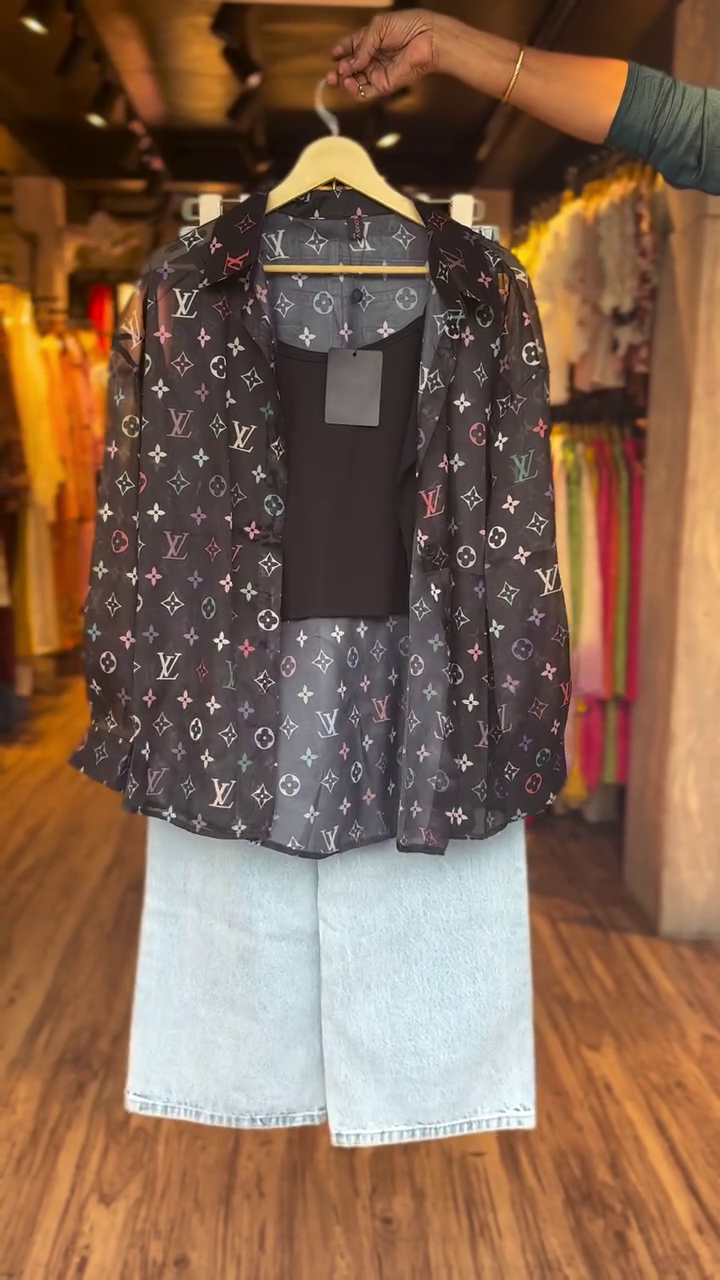 Black Sheer Monogram Shirt with Denim Shorts