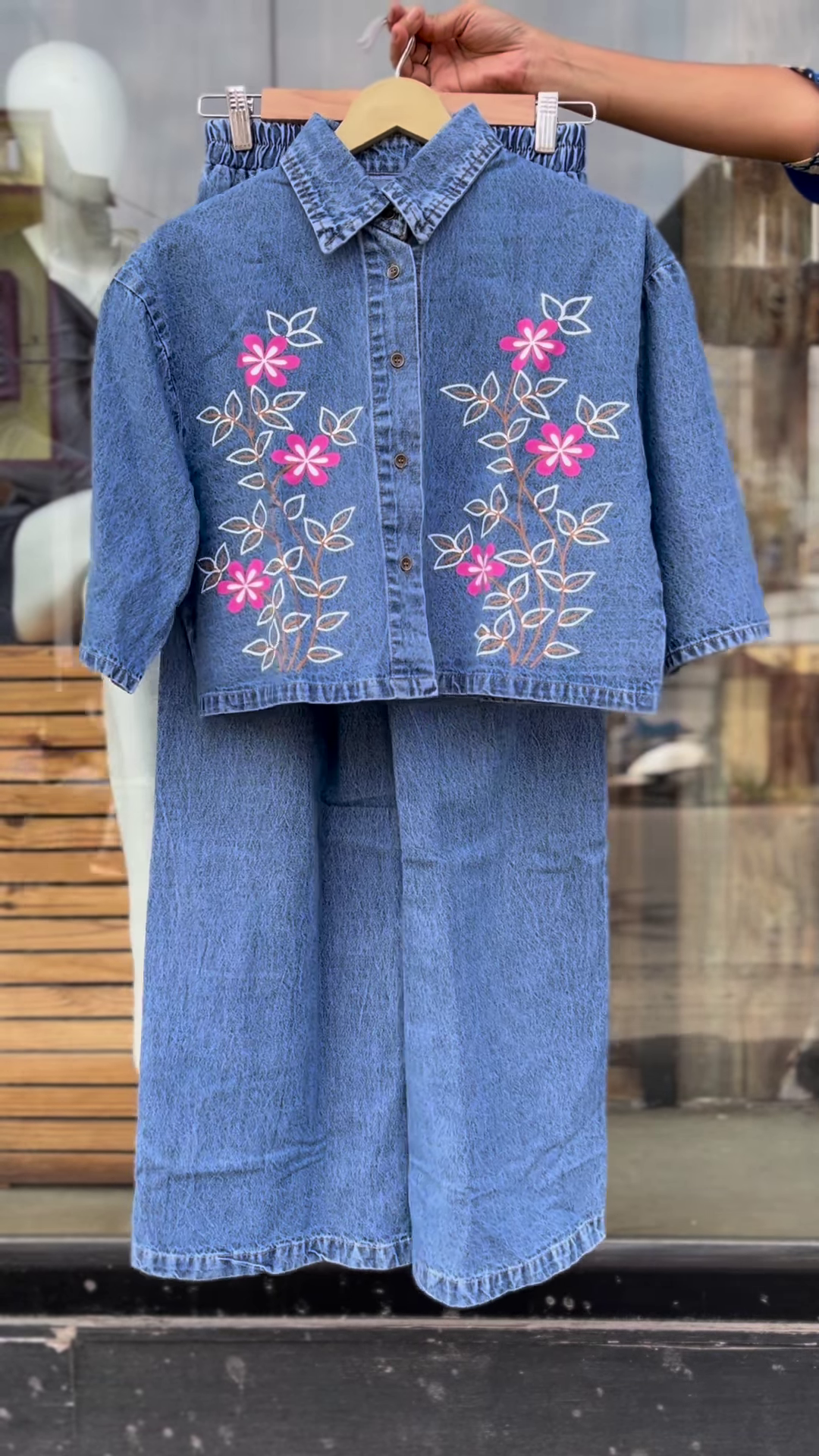 Blue Denim Embroidered Shirt & Elastic Waist Pants Set