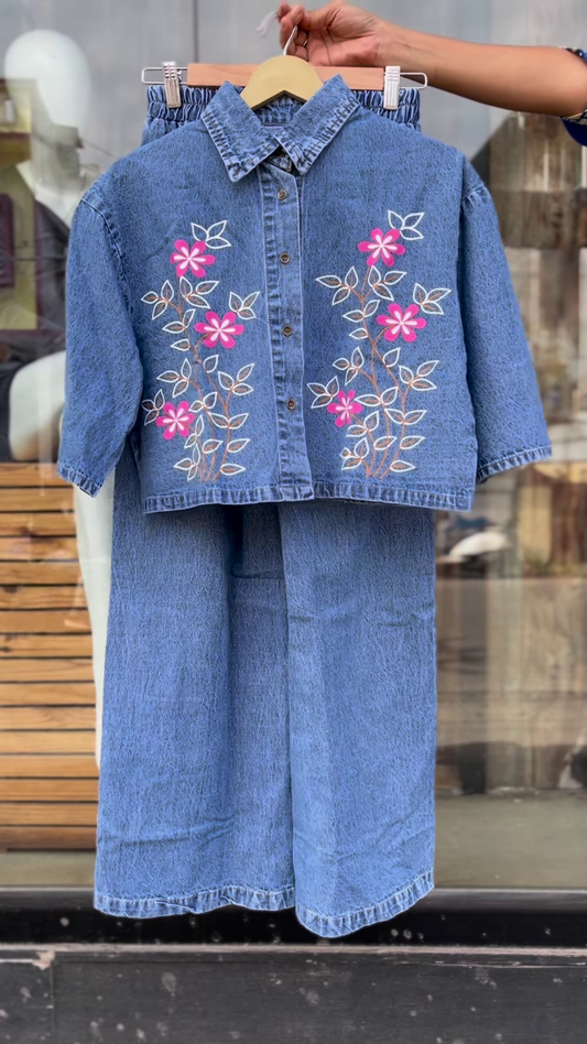 Blue Denim Embroidered Shirt & Elastic Waist Pants Set