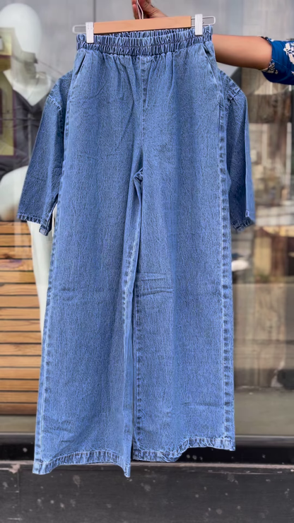 Blue Denim Embroidered Shirt & Elastic Waist Pants Set