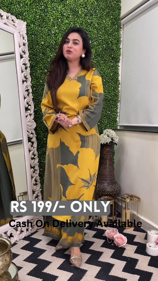 Chic Mustard & Grey Printed Long Dress – Effortless Elegance