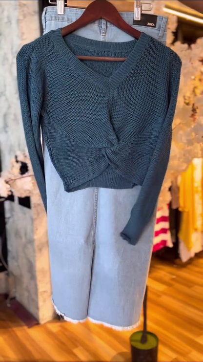 Dark Teal Knotted Sweater with Light Blue Denim Skirt
