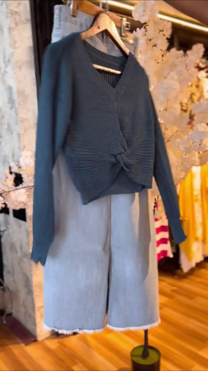 Dark Teal Knotted Sweater with Light Blue Denim Skirt