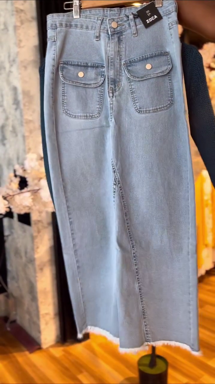 Dark Teal Knotted Sweater with Light Blue Denim Skirt