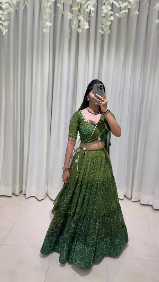 Green Ethnic Lehenga Choli Set with White Floral Embroidery and Silver Detailing – Traditional Elegance with Modern Grace