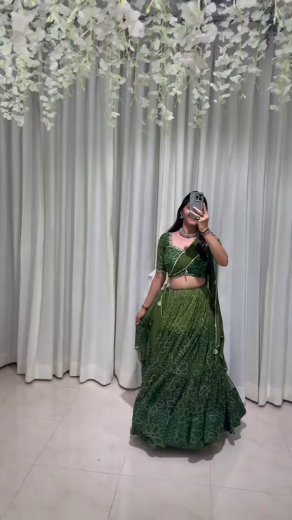 Green Ethnic Lehenga Choli Set with White Floral Embroidery and Silver Detailing – Traditional Elegance with Modern Grace