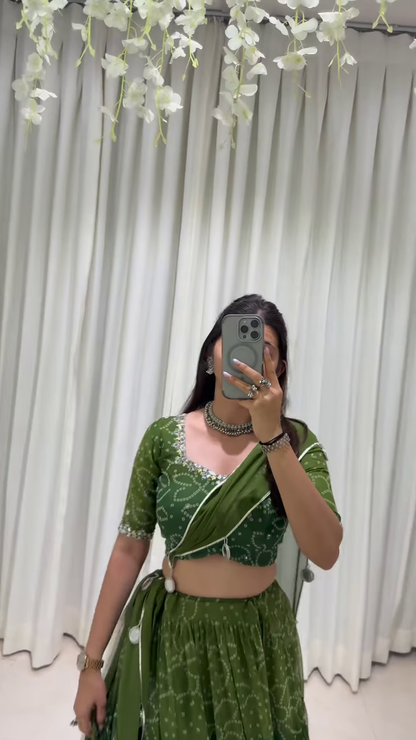 Green Ethnic Lehenga Choli Set with White Floral Embroidery and Silver Detailing – Traditional Elegance with Modern Grace