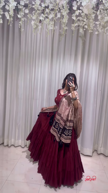 Maroon and Beige Traditional Lehenga Choli with Ornamental Dupatta – A Regal Statement for Festive Occasions