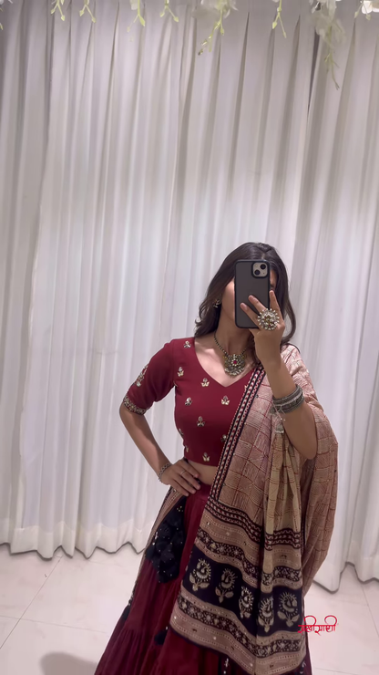 Maroon and Beige Traditional Lehenga Choli with Ornamental Dupatta – A Regal Statement for Festive Occasions