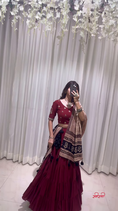 Maroon and Beige Traditional Lehenga Choli with Ornamental Dupatta – A Regal Statement for Festive Occasions