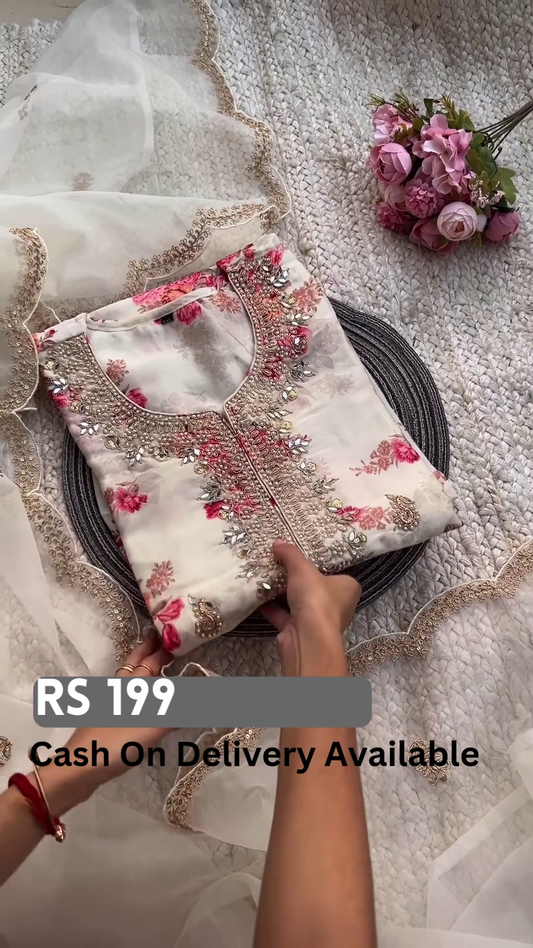 Elegant Floral Embroidered Kurti with Sheer Dupatta
