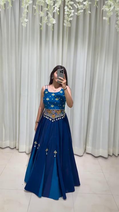 Blue Floral Embroidered Lehenga Choli with Beaded Belt and Sleek Sleeveless Silhouette – A Modern Twist on Regal Ethnicity